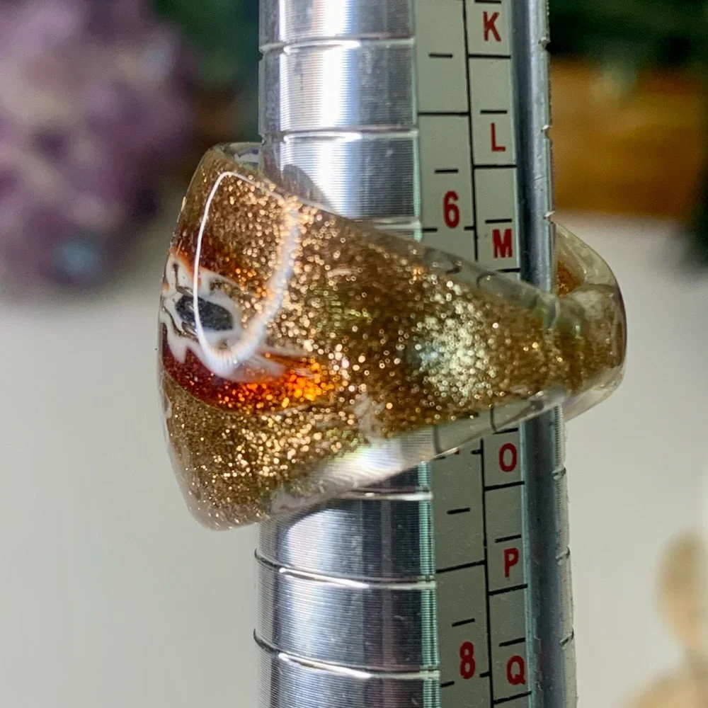 Vintage Murano Style Solid Glass Hand Blown Red Gold Millefiori Dome Ring Size 7